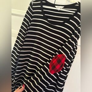 Market & Spruce Black and White Striped Shirt w Red Buffalo Plaid Elbow Patches
